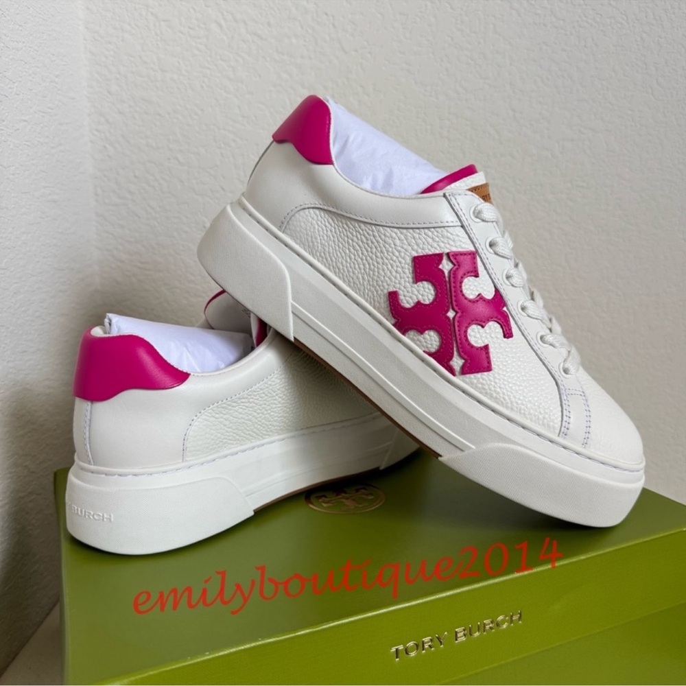 Tory Burch White Leather Sneakers with Hot Pink Logo
